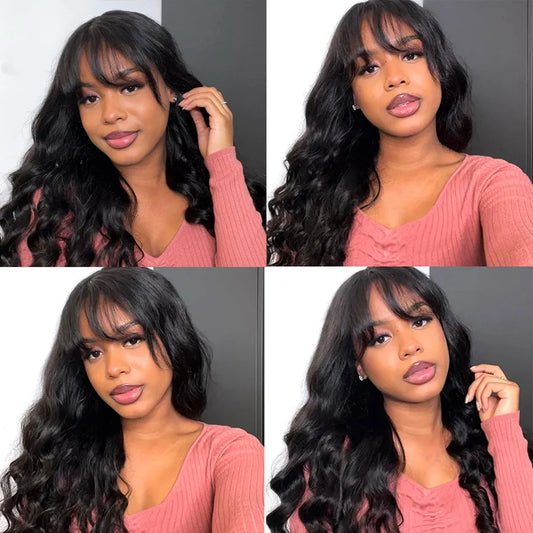 12A Grade Body Wave Human Hair Wig with Bangs | 100% Peruvian Remy Human Hair Glueless Wig | Fully Machine-Made High-Density Body Wave Wig for Women Luxegan
