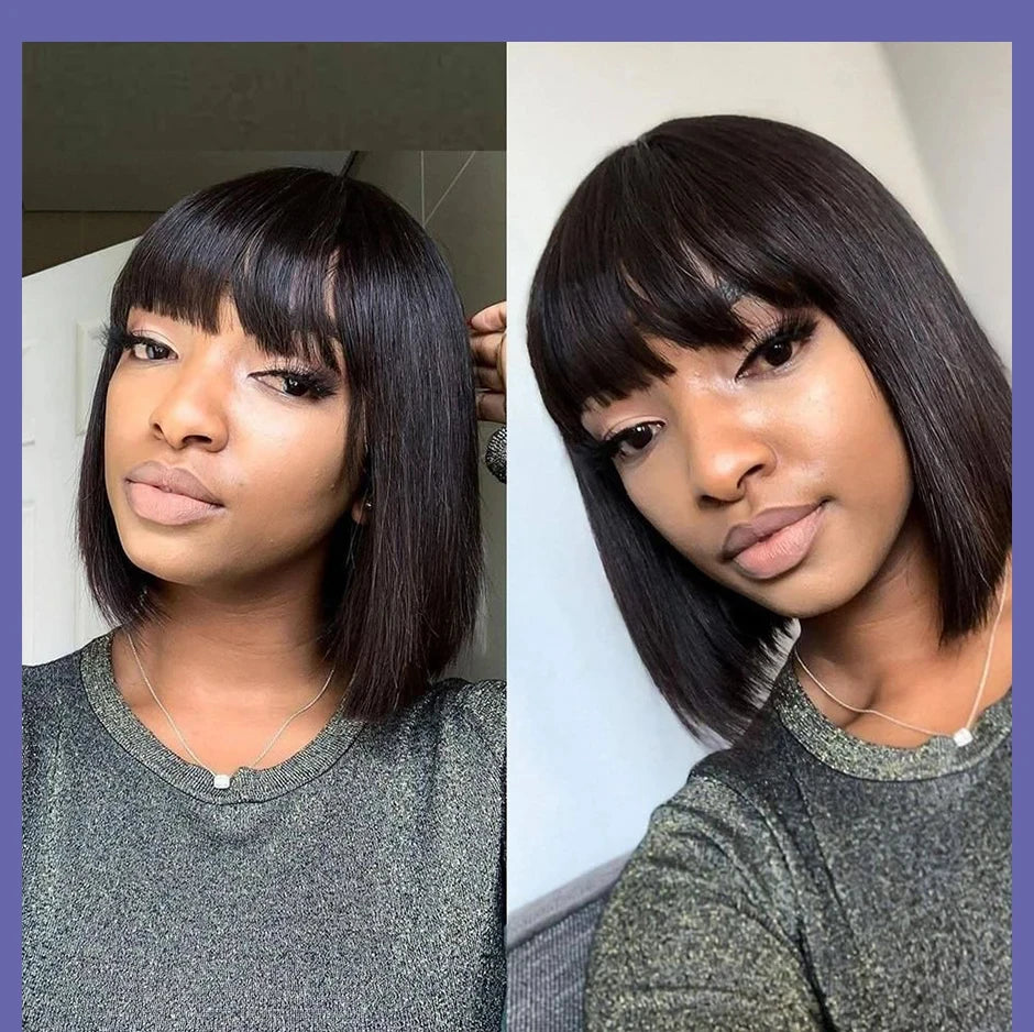 Short Straight Bob Wig with Bangs | "Put On & Go" Human Hair for Black Women (On Sale) Luxegan