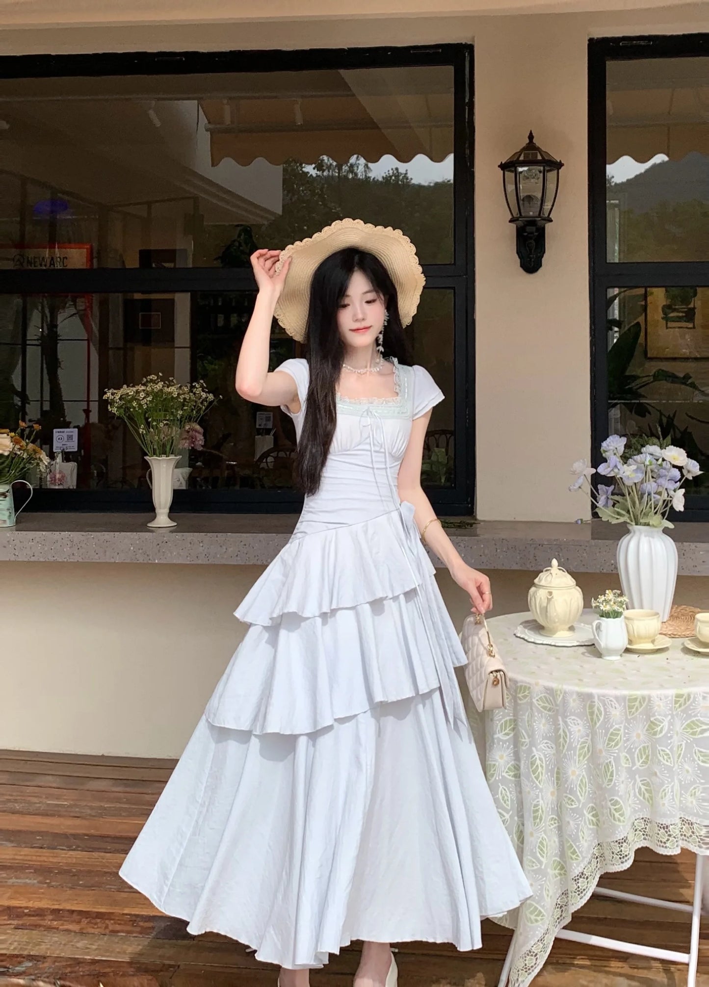 Women's Elegant Vintage Summer Midi Dress | Sweet Korean Style Irregular Evening Gown | Slim Fit A-Line Short Puff Sleeve Vestido | Premium Cotton Blend Bow Neckline Dress Luxegan
