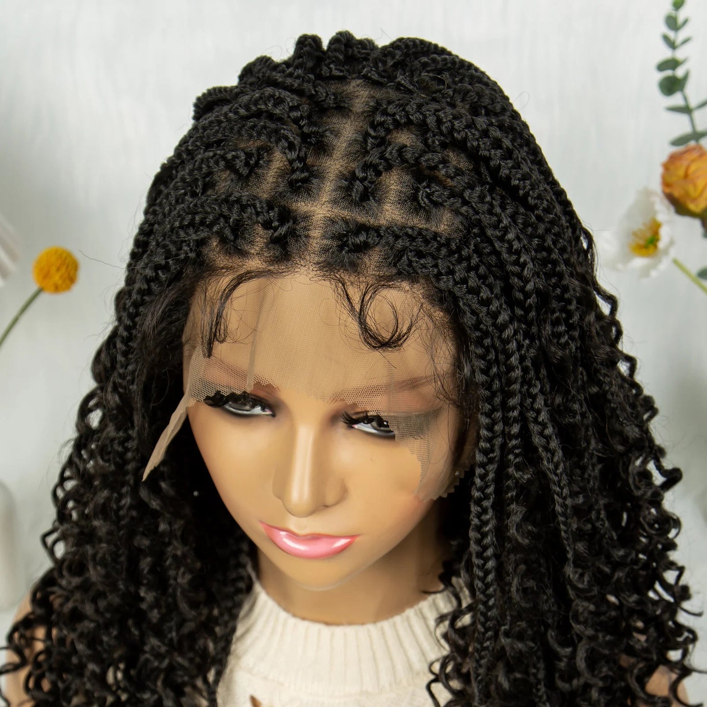Short Bohemian Box Braids Wig | Full Lace | Curly Ends | Baby Hair | Synthetic Boho Wig Luxegan