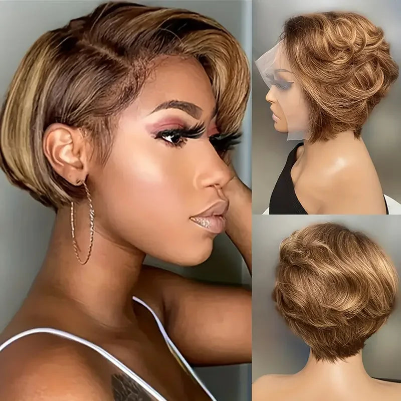 8-Inch Pixie Cut Straight Short Bob Human Hair Wig - 180% Density T-Part Deep Part Transparent Lace Frontal Wig - Glueless Pre-Plucked Brazilian Remy Human Hair Wear-and-Go Wig for Women (Dyeable to #27) Luxegan