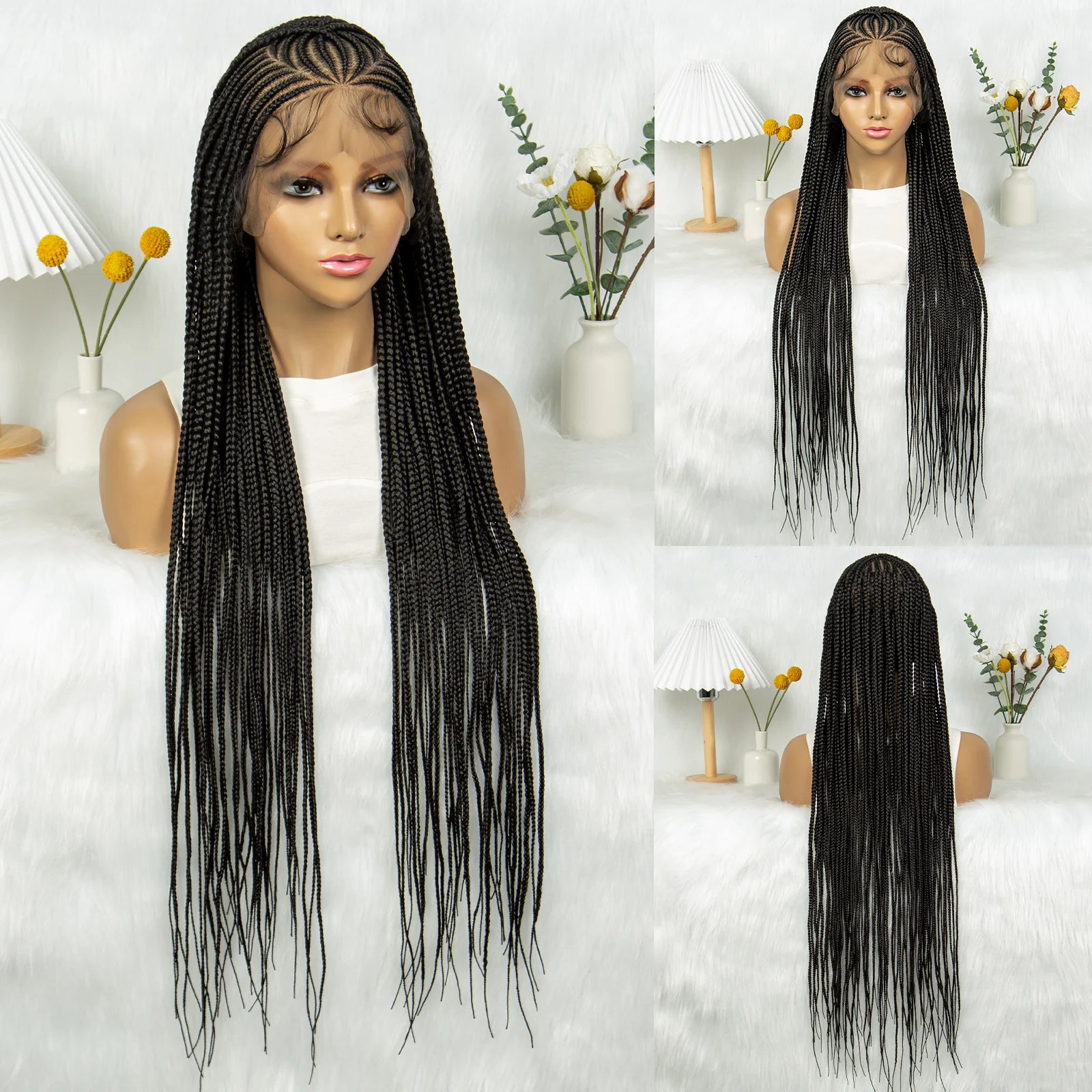 HD Transparent Full Lace Cornrow Knotless Box Braids Wig | Synthetic Goddess Braided Wig for Black Women Luxegan