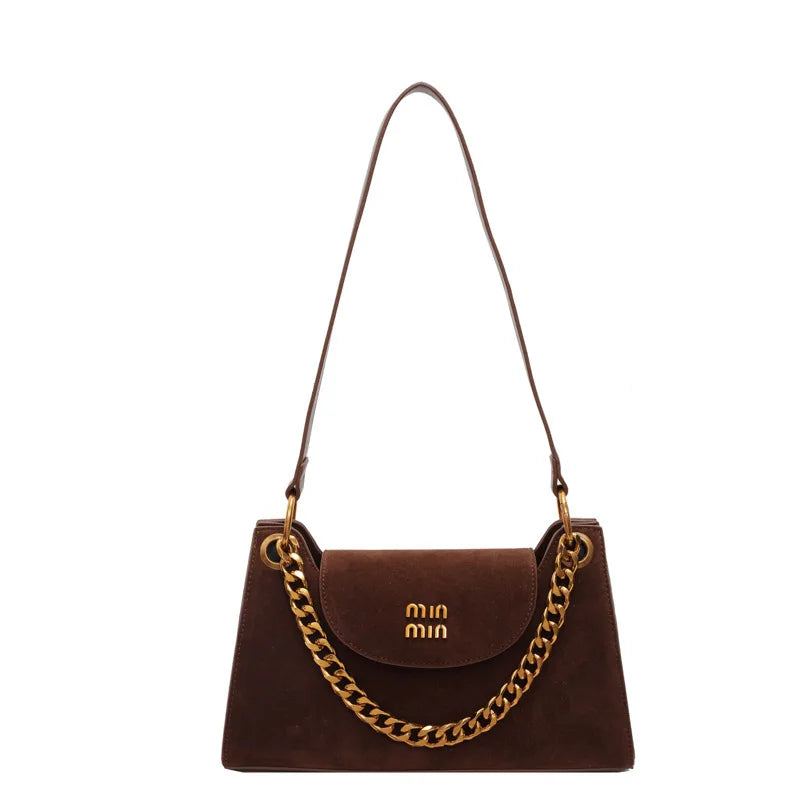 Classic Handbag Letter Design Shoulder Bag with Metallic Chain | Square Bag, Women's Suede Messenger & Winter Wedding Bag Luxegan