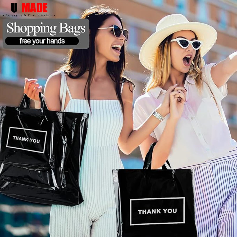 Custom Logo Plastic Shopping Bags | Personalized Small Business Boutique Retail Bags | Premium Gift Packaging with Handles for Parties, Weddings, and Events (20/50pcs Sets) Luxegan