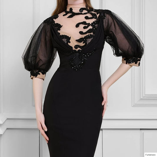 Sequined Draped Mermaid Evening Gown | High-Neck Half Sleeve Floor-Length Prom Dress - view 2