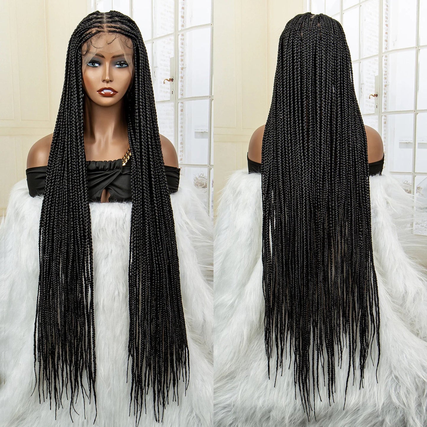 36" 613 Full Lace Knotless Box Braided Wig | Transparent HD Lace | Baby Hair | Synthetic Wig for Black Women Luxegan