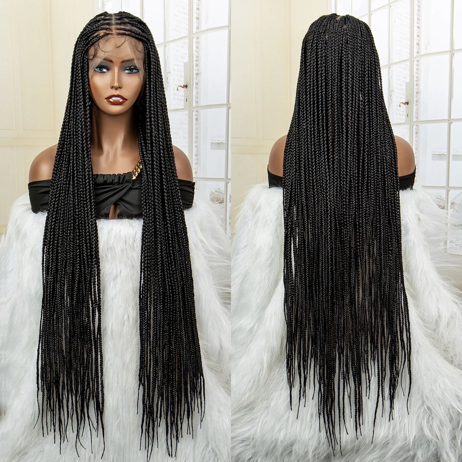 36" 613 Full Lace Knotless Box Braided Wig | Transparent HD Lace | Baby Hair | Synthetic Wig for Black Women Luxegan
