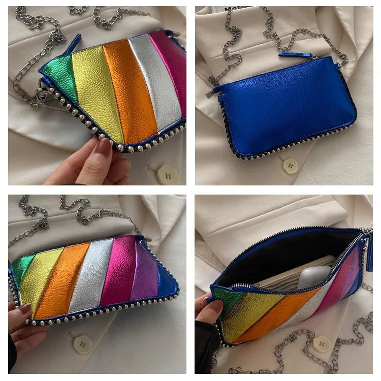 Fashion Trend Contrast Rainbow Splice Shoulder Bag | Designer Rivet Crossbody Handbag | Colorful Twill Chain Flap Bag Luxegan