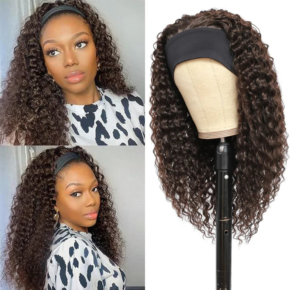 Water Wave Headband Wig | Darker Brown | Synthetic Curly Hair Wig | 20 Inches | Glueless | Full Machine Made Wigs - Luxegan