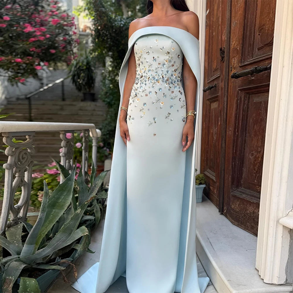 Luxurious Baby Blue Column Evening Dress with Cape | Elegant Off-The-Shoulder Sequin Beaded Gown | Premium Crepe Floor-Length Formal Dress | Model 1005009529729881 Exquisite Sweep Train Gala Dress Luxegan