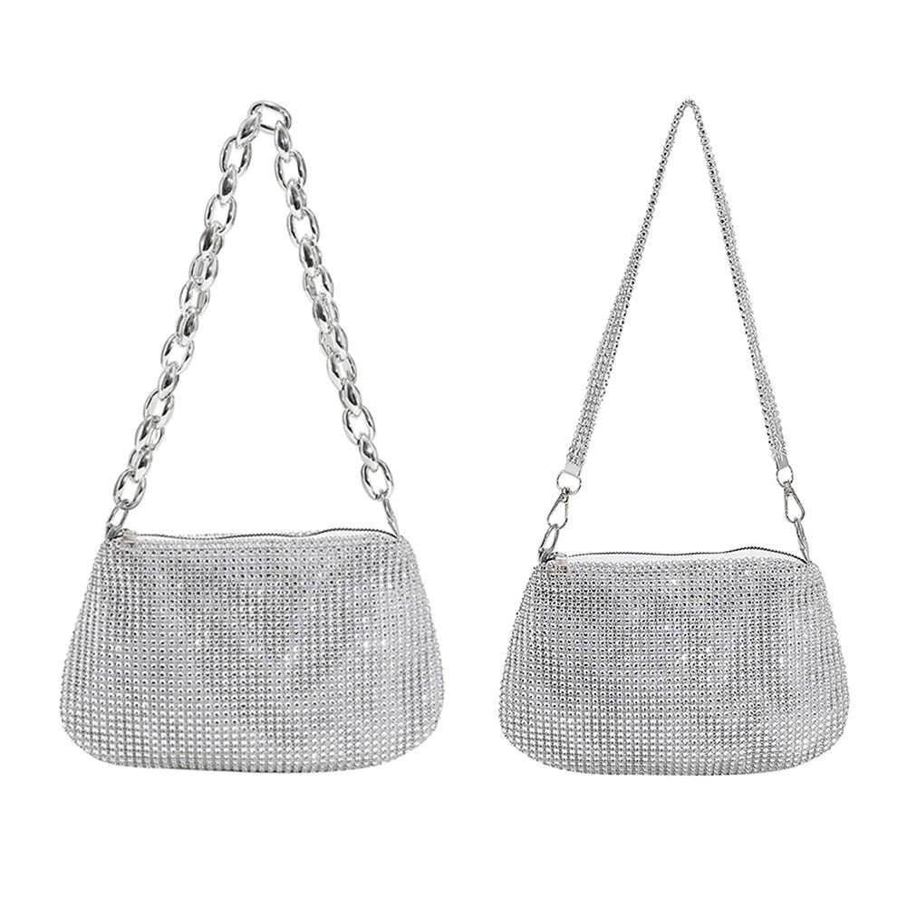 Bling Rhinestone Evening Clutch Bag | Women's Korean Designer Diamond Chain Dinner Party Handbag (Lady Square Tote Shoulder Bag) Luxegan