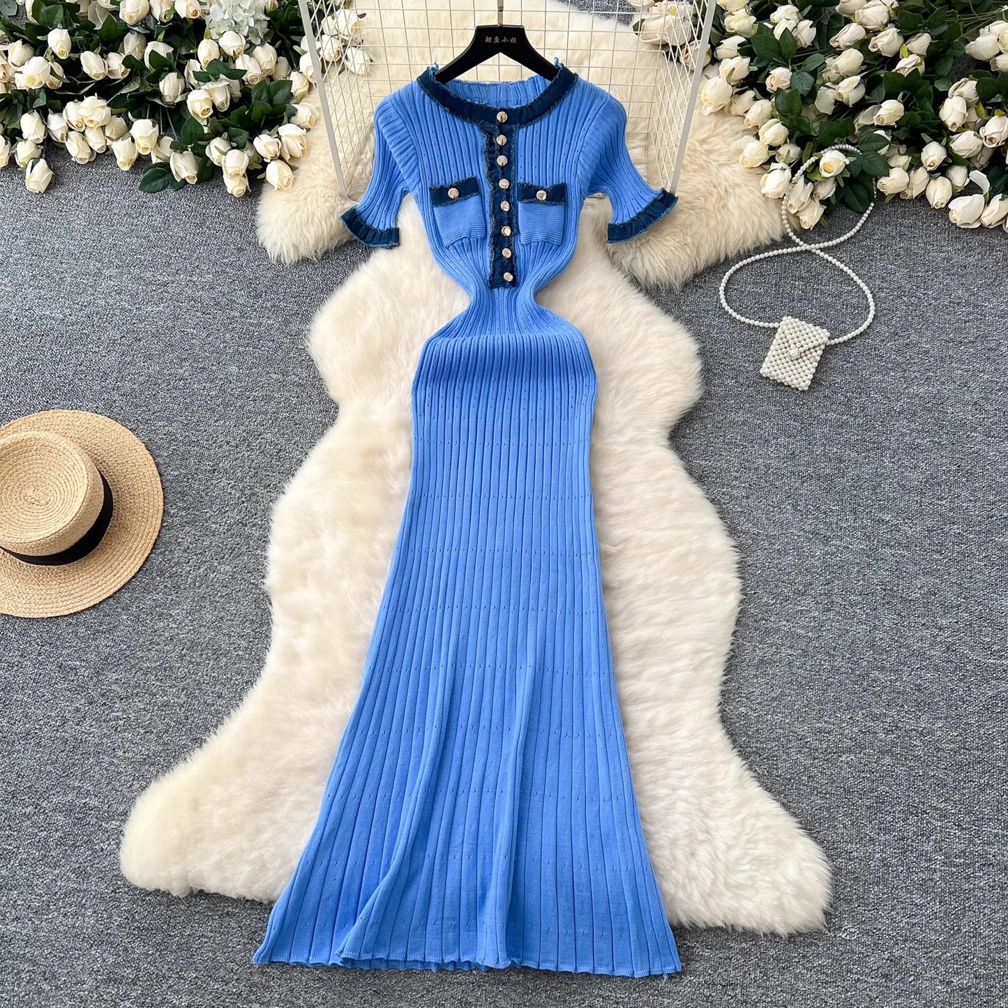 Chic Sexy Packages Knitted Maxi Dress | Vintage Denim Patchwork Long Sweater Dress | Elegant Button Accent O-Neck Slim Party Gown | Premium Medium Stretch A-Lineidos Luxegan