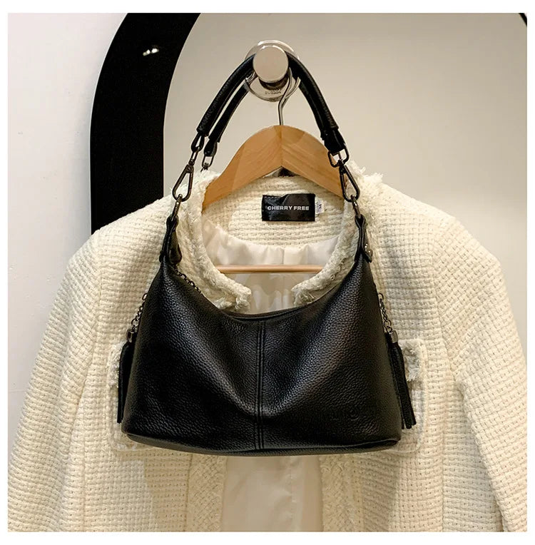 Genuine Leather Women's Bags | Fashion Tassel Women's Handbags & Crossbody Bags (Solid Colours Satchel Large Capacity) Luxegan