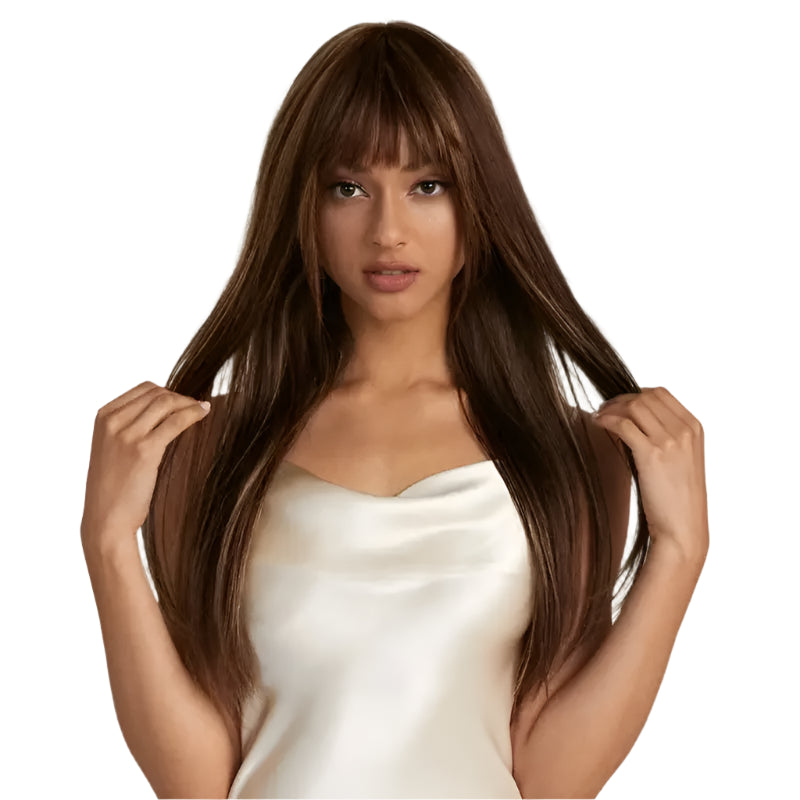 Blonde Highlight Straight Wig with Bangs | 180% Density Glueless Full Machine Made Brazilian Ombre Human Hair Luxegan