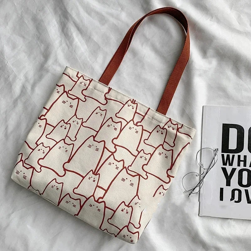 Canvas Animal Print Casual Tote | Hard Cute Cat Japanese Cartoon Shopper Bag Luxegan