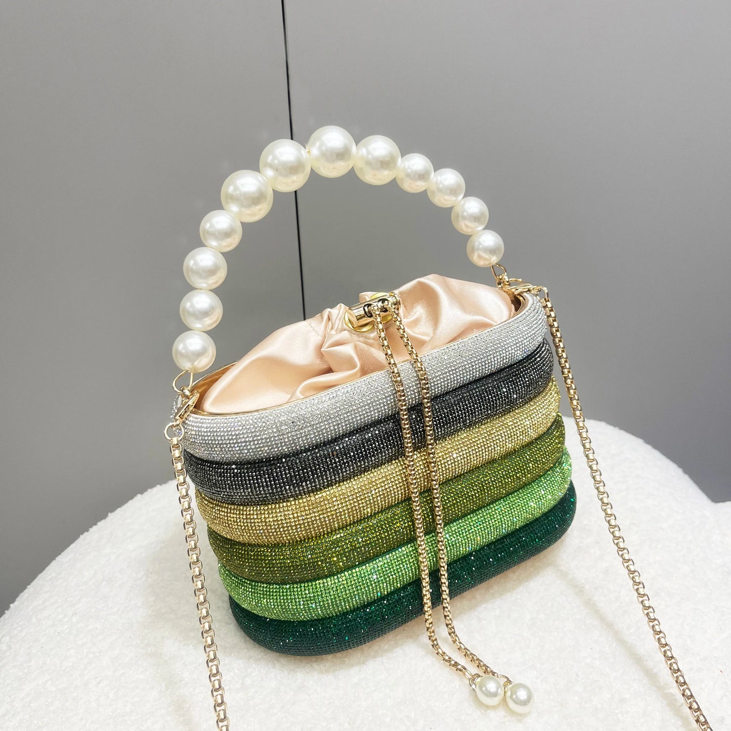 Luxury Designer Rhinestone Evening Clutch Bag | Shiny Crystal Bucket Purse with Metallic Handle | Shimmering Metallic Wedding & Party Handbag | Glamorous Crystal-Encrusted Shoulder Bag Luxegan