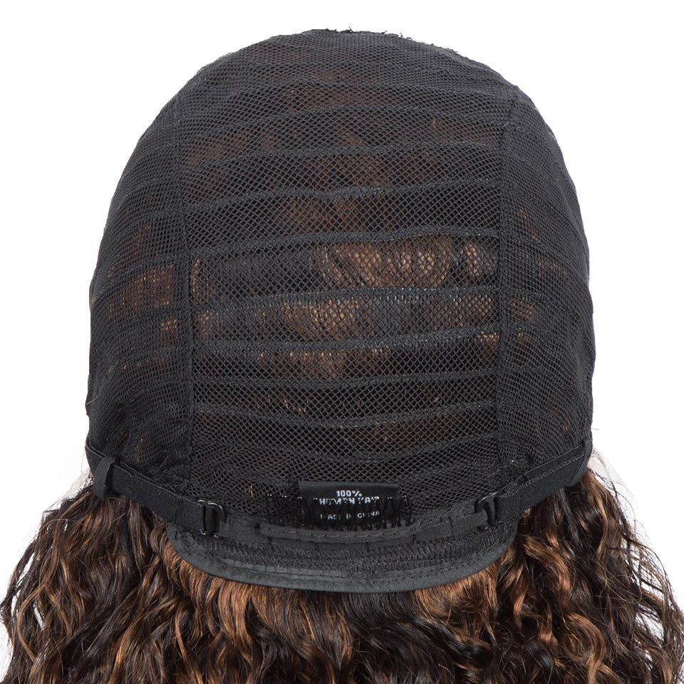 Sleek Curly Human Hair Wig | Brown Highlights | 13x1 T Part Lace Wig | Brazilian Remy Hair | Water Wave