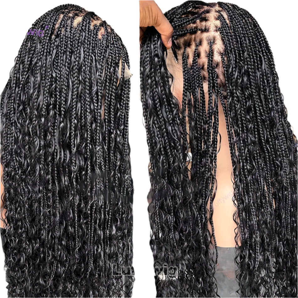 26"+ Boho Knotless Braids Ponytail Wig | HD Full Lace | Human Hair | 300% Density | Baby Hair