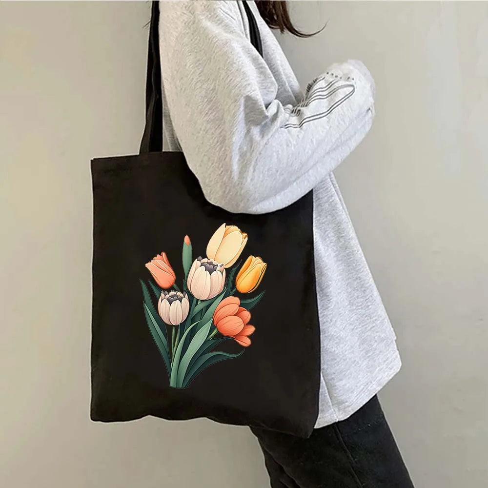 Succulove Floral Cotton Tote Bag | Large Capacity Handbag with Tulips, Hydrangeas, Sunflowers & More (Casual Shoulder Shopper, Eco-Friendly) Luxegan