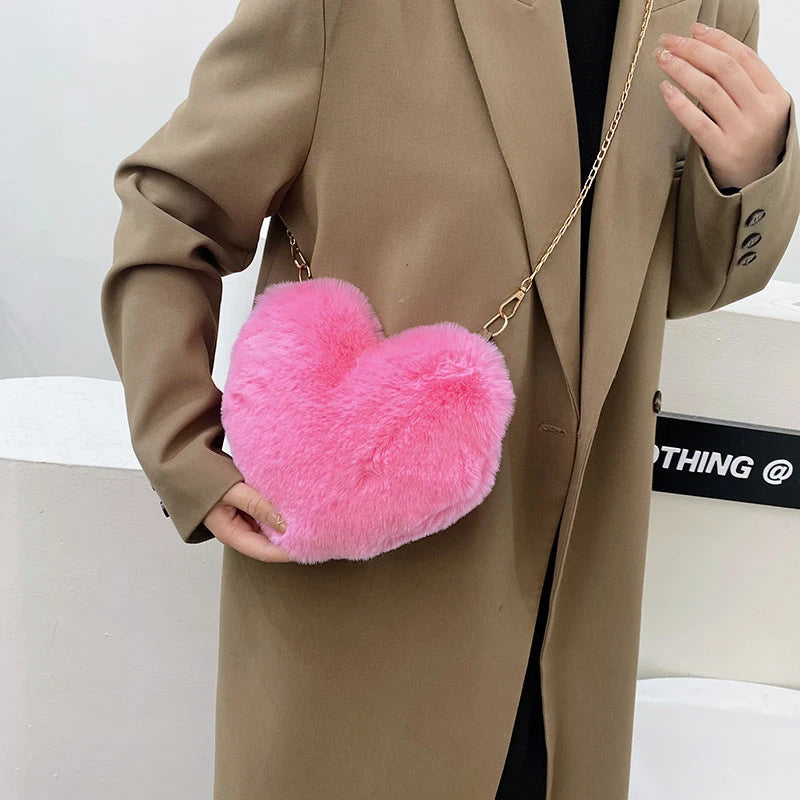 Corduroy Floral Casual Tote | Soft Cute Heart-Shaped Faux Fur Chain Shoulder Bag Luxegan