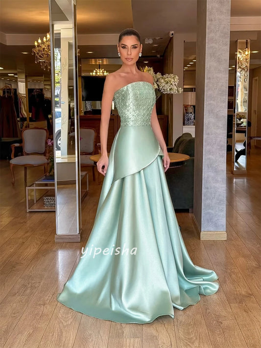 High-Quality Intricate Charmeuse Beading Gown | Strapless Ruched A-Line Long Dress | Elegant Floor-Length Sleeveless Bespoke Formal Evening Dress Luxegan