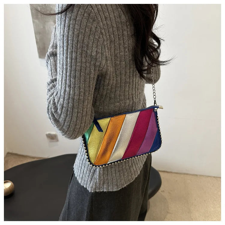 Fashion Trend Contrast Rainbow Splice Shoulder Bag | Designer Rivet Crossbody Handbag | Colorful Twill Chain Flap Bag Luxegan