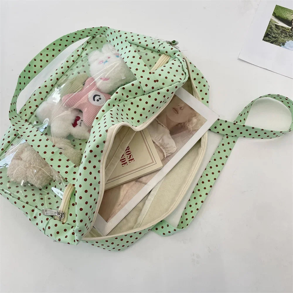 Y2K Ulzzang Ita Bag for Women | Trendy Polka Dot Canvas Shoulder & Underarm Tote (Transparent Pocket, Youth Fashion) Luxegan