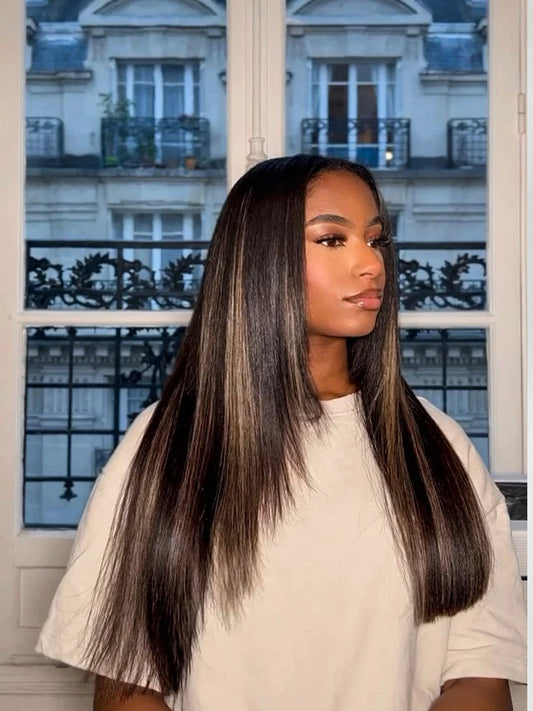 30-Inch Highlight Layered Glueless 6x6x1 Lace Closure Wig - Pre-Cut Lace & Pre-Plucked Hairline Wear-and-Go Mixed Hair Wig - 50% Human Hair / 50% Synthetic Hair Honey Highlight Straight Wig for Women Luxegan