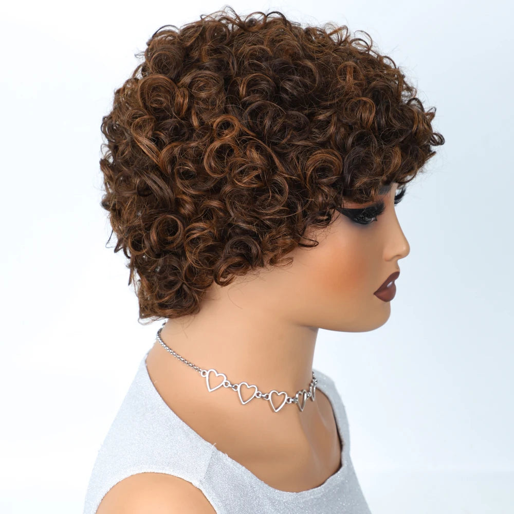 Sleek Malaysian Afro Kinky Curly Pixie Bob Wig | Glueless Natural Brown 99J with Bangs Luxegan