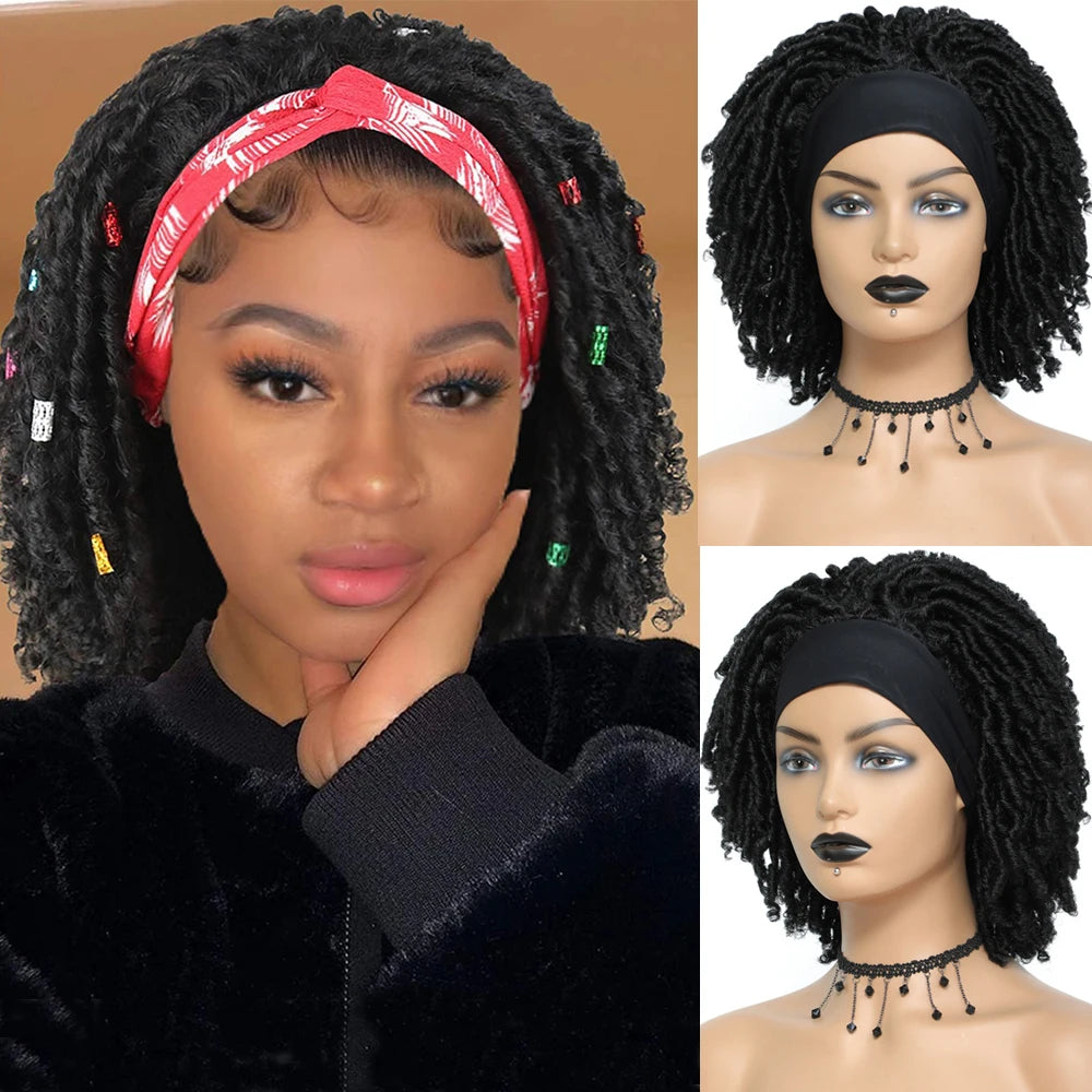 Soft Faux Locs Headband Wig - 6 Inch Ombre Dreadlock Wig for Black Women - Curly Braided Synthetic Wig with Headband - 1B, Burgundy, 27, 30, 613 Options Luxegan
