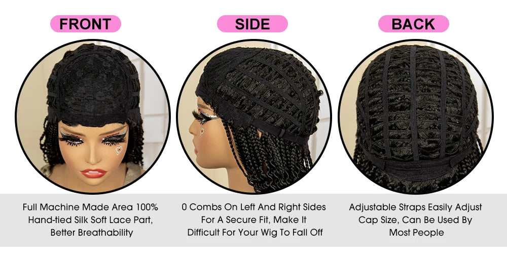 Short 14" Bob Braided Wig | Curly Knotless Box Braids | Synthetic Machine Made Wig | For Black Women - Luxegan