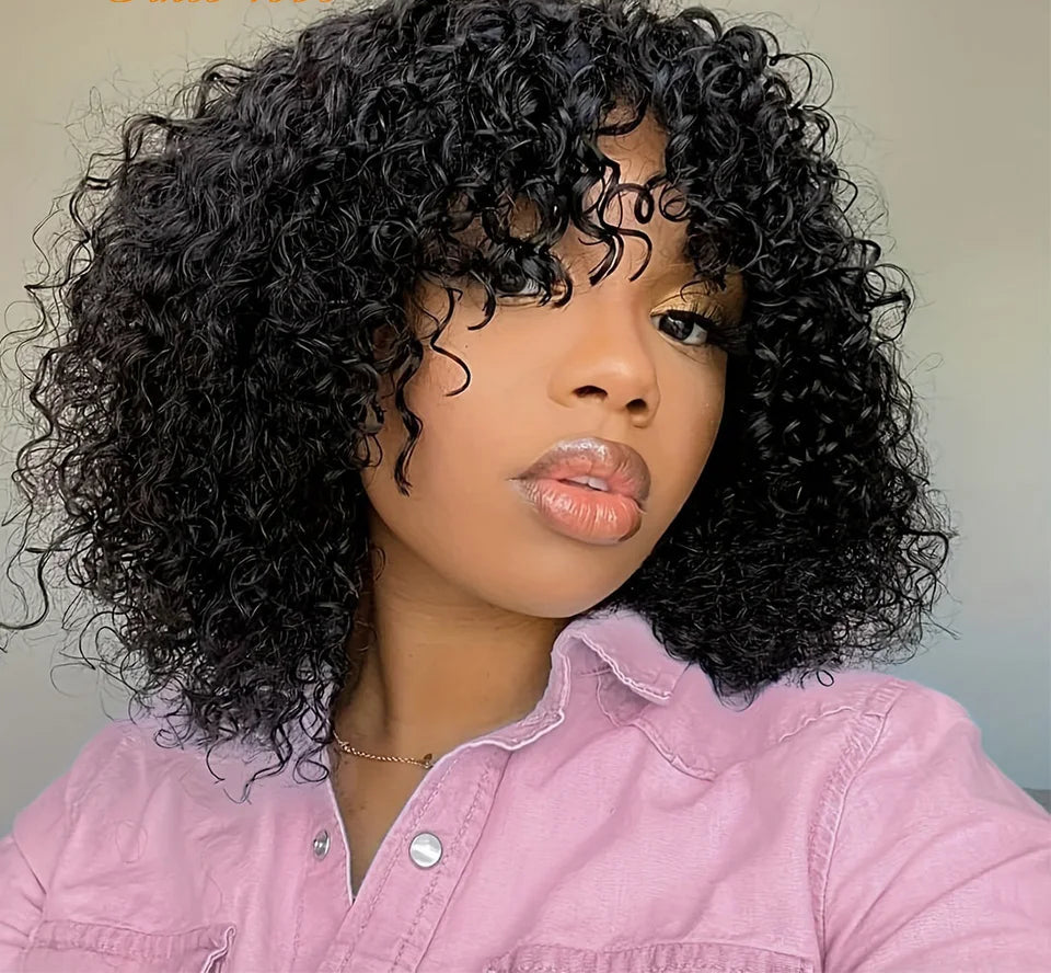 Rebecca 180% Density Highlight Kinky Curly Bob Wig with Bangs | Short Human Hair Full Machine Made Luxegan