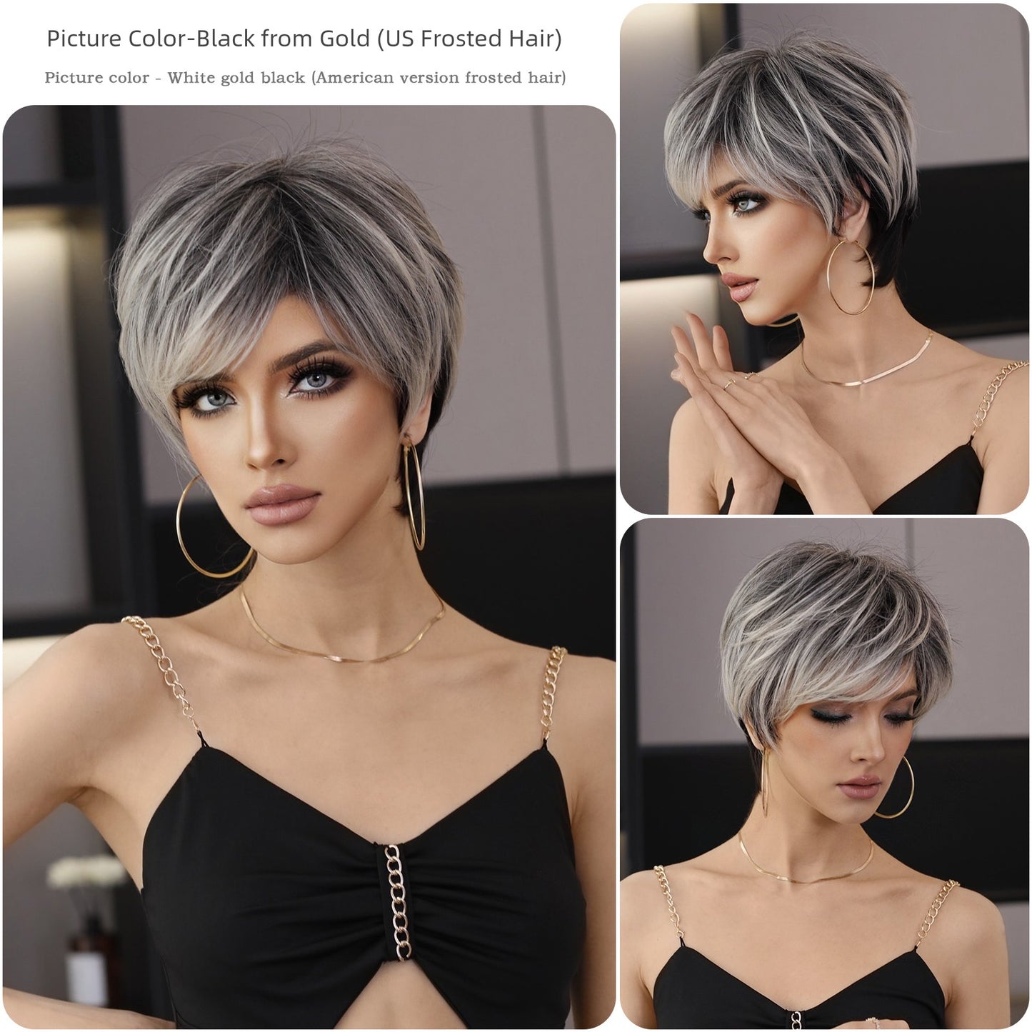 European & American Short Platinum Highlight Black Wig | Full Head Cover Artificial Human Hair Wig for Women (Natural Hairstyle with Oblique Bangs) Luxegan