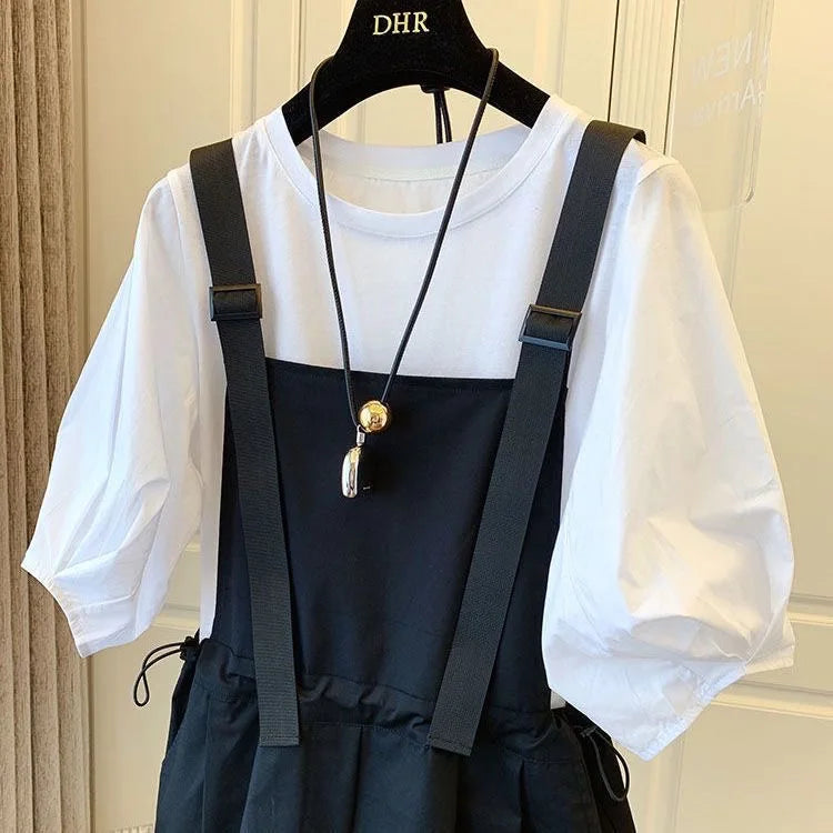 Women's Spring Summer Workwear Overalls Two-Piece Set | Trendy Bubble Puff Sleeve Streetwear Suit | Chic Salt System Casual Outfit | Premium Loose Fit O-Neck Mid-Calf Fashionable Set Luxegan