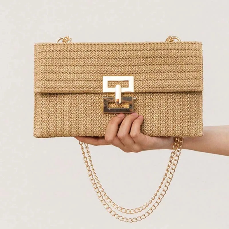 Straw Envelope Evening Party Handbag | Women's Woven Clutch & Chain Crossbody Purse Luxegan