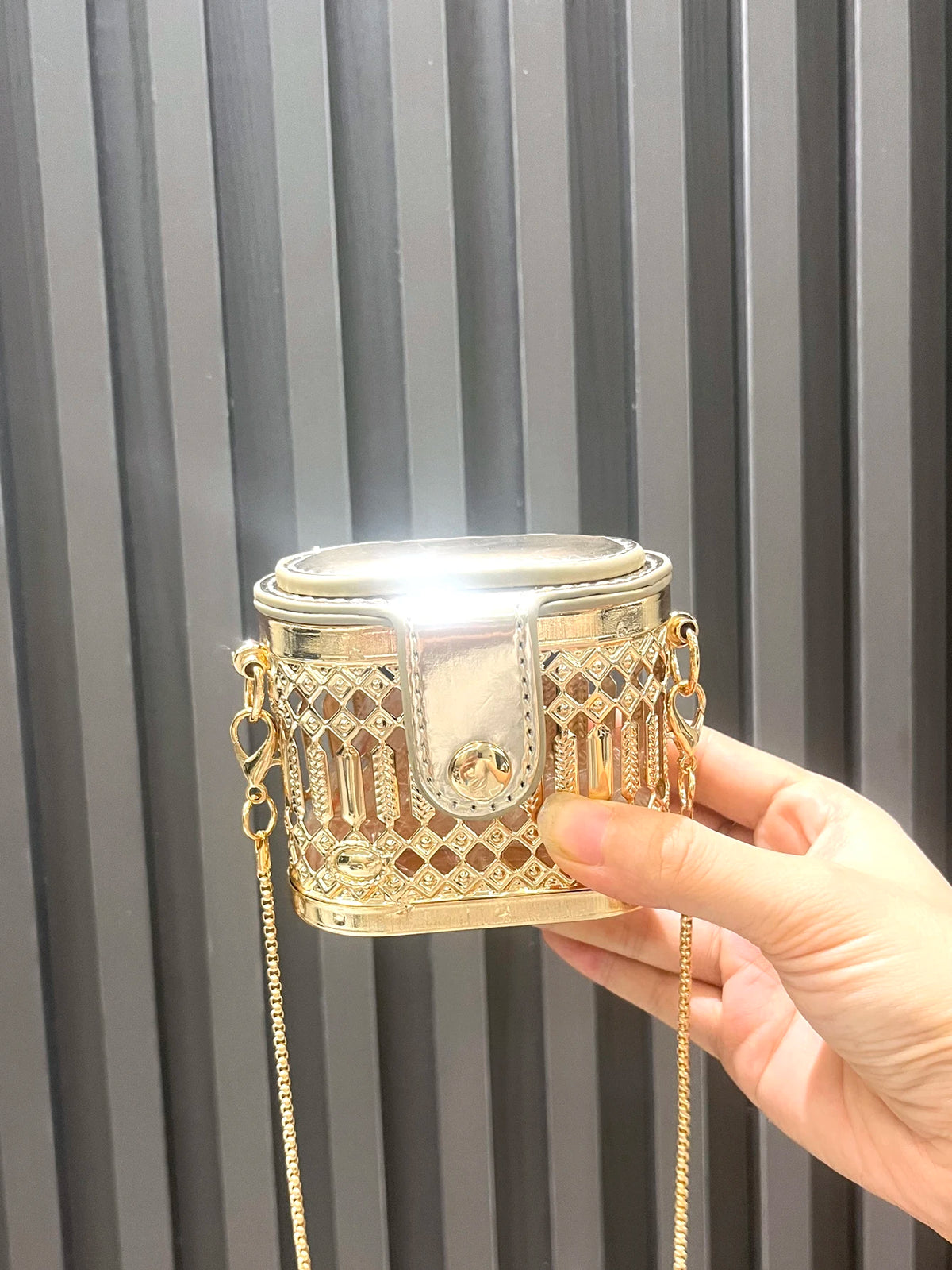 Super Mini Golden Metal Designer Bag | Luxury "Funny Shape" Sculptural Clutch | High-End Metallic Evening Purse with Exterior Flap Pocket & Chain Strap Luxegan