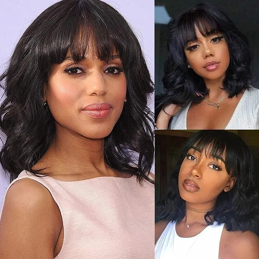 Short Wavy Bob Wig with Bangs | Natural Wave Full Machine Made Human Hair Luxegan