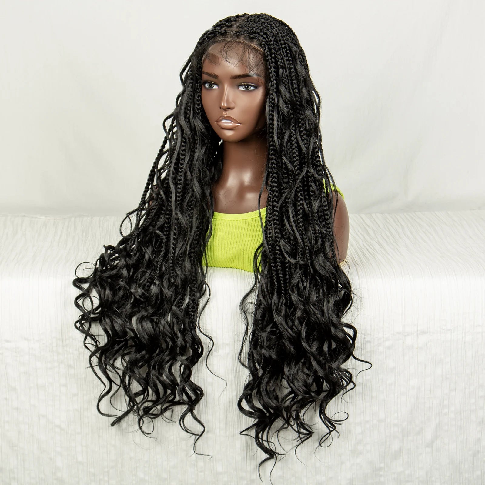 34" Natural Curly Knotless Box Braids Wig | Deep Wave Accents | Full Lace | Baby Hair Luxegan
