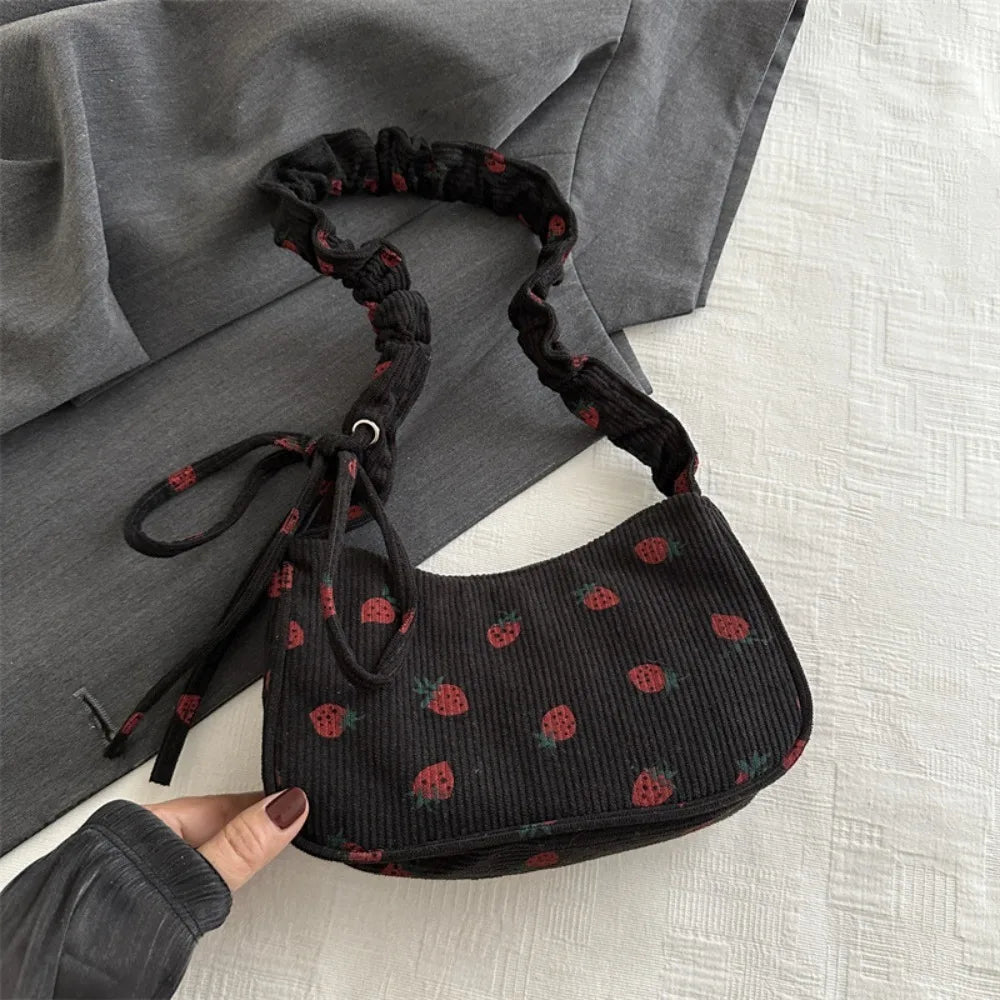 Corduroy Solid Casual Tote | Soft Y2K Strawberry Large Capacity Underarm Bag Luxegan