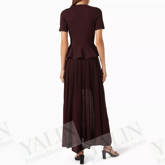 Sequined Button A-Line Prom Dress | O-Neck Short Sleeve Tea-Length Evening Gown - view 2