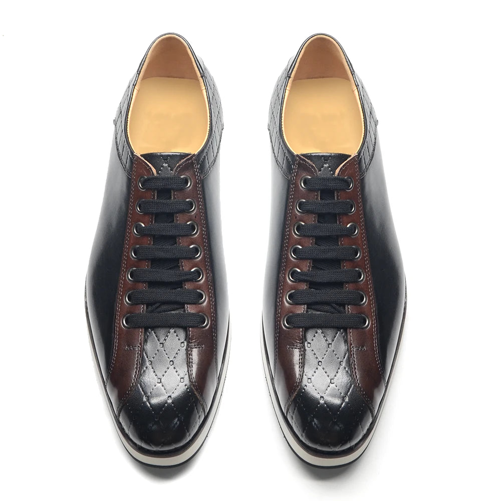 Europe 2024 Fall Luxury Men's Genuine Leather Plaid Casual Shoes | Black & Dark Brown Business Sneakers (Height Increasing) Luxegan
