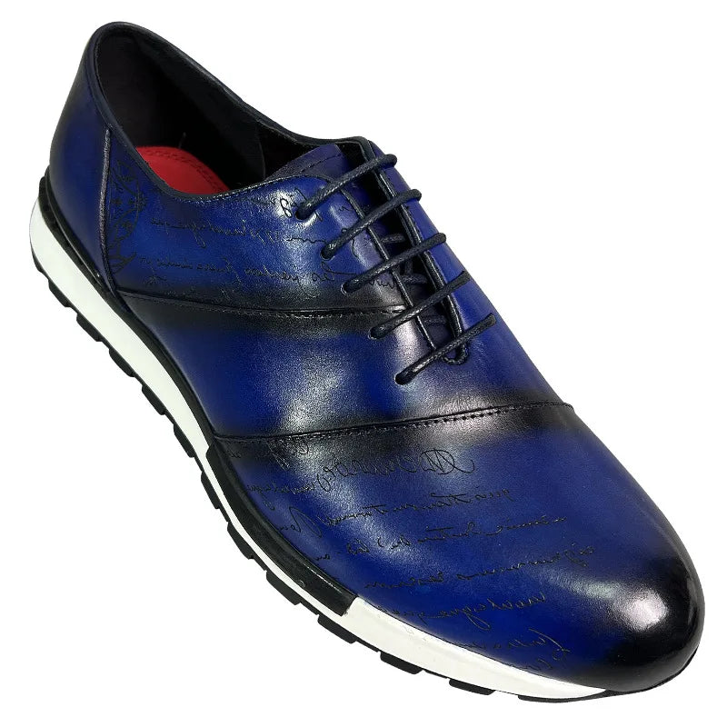 Men's Genuine Leather Oxford Sneakers | Sophisticated Letter Engraving Panel Detail | Elegant "Cow Leather" Lace-Up Casuals | "Dignified" Spring/Autumn Outdoor Daily Shoes for Radiant Versatile Styling Luxegan