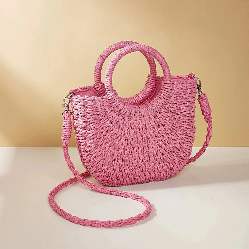 Half-Round Rattan Beach Bag | Women Large Capacity Handle Bag & Bohemian Shoulder Bag Luxegan