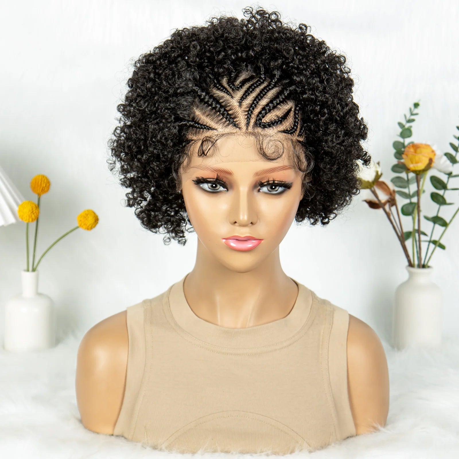 8" Afro Kinky Curly Bob Braided Wig | 13x4 Lace Frontal | Half Cornrows | Synthetic Braids for Black Women Luxegan
