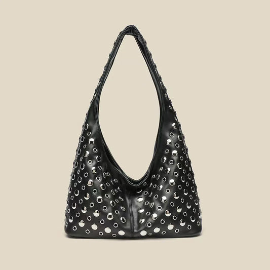 Women's New Round Dot Rivet Handbag | Fashion Solid Color Bucket Bag | Premium PU Leather Underarm Shoulder Tote | Versatile Unisex Fashion Bag Model 8699 with Polyester Lining Luxegan