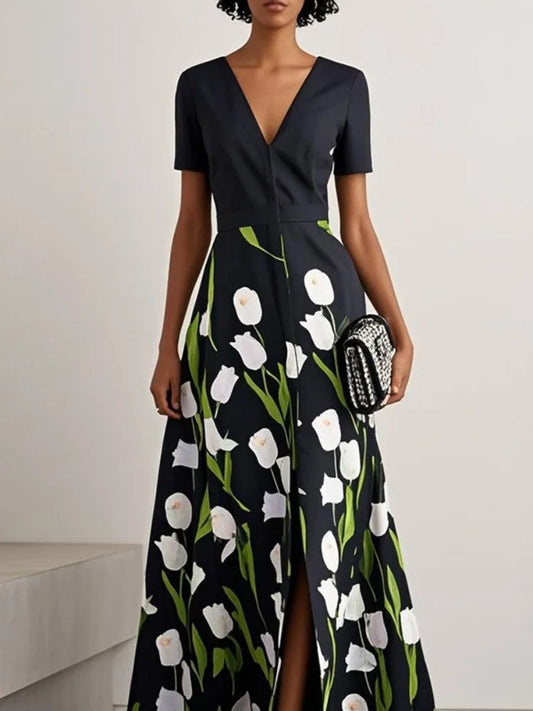 Yeezzi 2025 Nuevo Vestido Elegante de Mujer con Estampado Floral y Cuello en V, Vestido Maxi de Fiesta de Noche de Línea A con Mangas Cortas y Abertura Delantera
