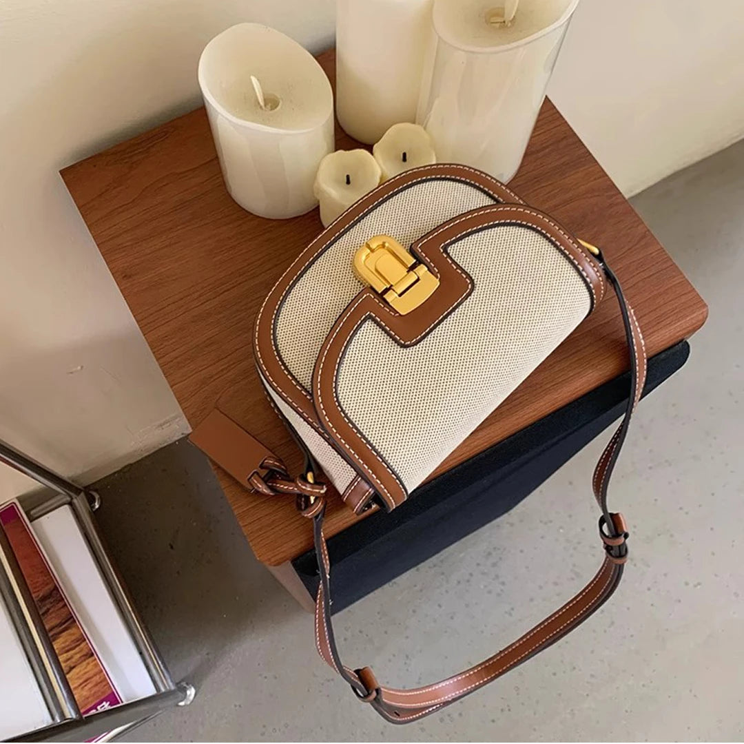 Retro Canvas Patchwork Crossbody Bag | Contrasting Color Saddle Bag