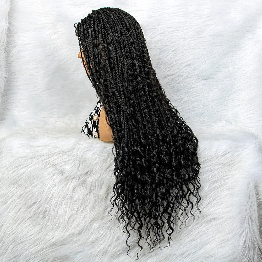 Curly End Box Braids Lace Frontal Wig with Baby Hair | Synthetic Full Lace Braided Wig for Black Women Luxegan