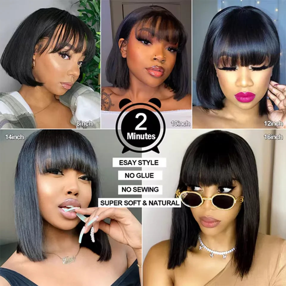 Peruvian Straight Bob Wig with Bangs | Full Machine Made Human Hair Wig | Natural Color