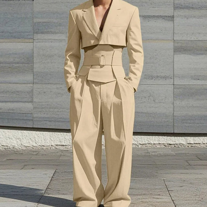 Cropped Waistband Design Suit Set | Sophisticated Wide-Leg Long Pant Silhouette | Elegant "Full Opening" 2-Piece Ensemble | "Dignified" Vintage Solid Suit for Radiant Versatile Styling Luxegan